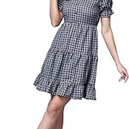 Casual Check Print Short Dress for Women | Half Puff Sleeves V-Neck Flare Dress for Women | Stylish Short Dress for Women-image-51