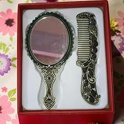 Vintage Style Hand Mirror and Comb Set, Bronze Floral Design with Colourful Crystals, 2-Piece Gift Set-39
