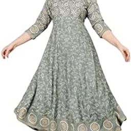 Women's Floral Print Rayon Anarkali Dress, 3/4 Sleeve, Turquoise Blue, Ankle Length-image-109