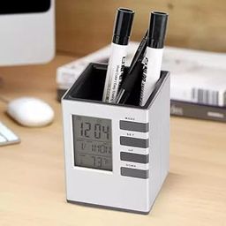 VALAMJI Multifunction Square Shape Pen Holder with Digital Display LCD Desk Alarm Clock for Home Office (Grey)-picture-13