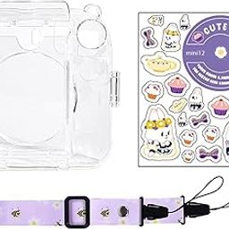 ZENKO Pvc Transparent Camera Case Compatible With Fujifilm Instant Mini 12, Mini 12 Camera Case, Cute Pattern Shoulder Strap And Pattern Stickers (Lilac Purple)-11