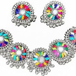 Afghani Oxidised Necklace and Earrings Set for Women | Tribal Boho Multicolour Jewelry | Ethnic Statement Jewellery for Festivals, Weddings & Traditional Outfits-image-14