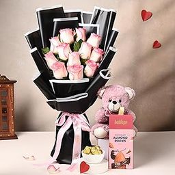 FlowerAura Love Bouquet of Fresh Live 12 Pink Roses, Almond Rocks & Teddy For Birthday & Anniversary Gift, Valentine's Day & Rose Day Gift For Boyfriend, Girlfriend, Wife & Husband (Same Day Delivery)-image-22
