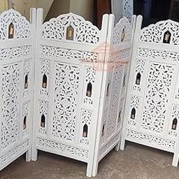 Home & Goods International Wooden Room Divider Partition - Foldable Wood Screen Separator for Living Room, Bedroom, Office, Restaurant || 4 Panel 4 Feet with Bell - White-image-107