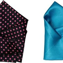 Men’s Satin Pocket Square Combo – Black with Pink Polka Dots & Teal Blue Solid-image-98