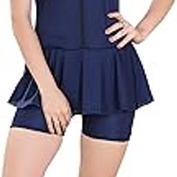 RRovars Women Poly Jersy Frock Style Swimming Costume for Women Half Sleeves Half Length with Front Zipper (Without Pads) (Navy Blue; 2XL)-image-32
