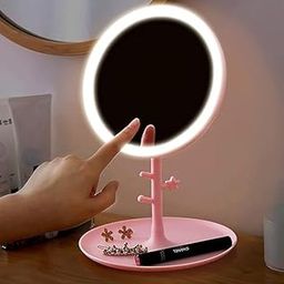 RizQmart LED Makeup Mirror with Stand, Pink, 180° Rotation, 5X Magnification, 3 Brightness Levels, Detachable Base-picture-40