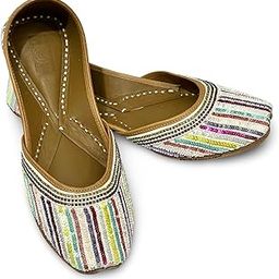 PHA || Traditional Handcrafted Sequined Ethnic Jutti, Multicoloured Striped Pattern, Leather Punjabi Juttis-image-51