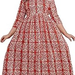 Womens Cotton Floral Printed A-line 3/4 Sleeve Round Neck Calf Length Anarkali Feeding Maternity Gown Kurti-image-89