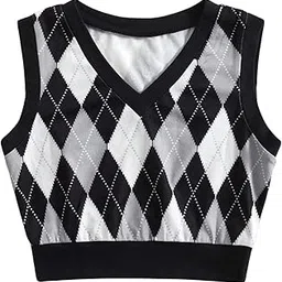 quecy Women's Argyle Plaid Print Sleeveless Tank Top V Neck Knit Sweater Vest-picture-43