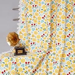 Cortina Floral Light-Filtering 100% Cotton Curtains 7 feet Long Set of 1 for Door [ Opacity: 50-60%, Color: Yellow, 180 GSM ]-image-4