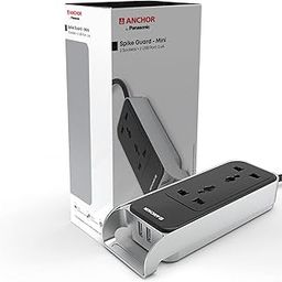 Anchor by Panasonic 6A Extension Board with Handle, 2 Sockets + USB 2.4A, 1.5m Cable (Black and Silver, 240 volts) (22074)-12