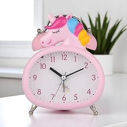 De'rons Twin Bell Analog Table Alarm Clock with Backlight for Heavy Sleepers Loud Alarm Clock for Students Funny Cute Cartoon Unicorn Shape Alarm Clock for Girls Kids Boys Bedroom 13.5 x 10 cm (Pink)-3