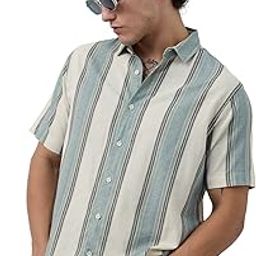 Stripes Shirt: Jade Haze Men and Boys Short Sleeves Collared Neck Cotton Linen Blend Regular Fit Casual Cotton Linen Shirts-image-45