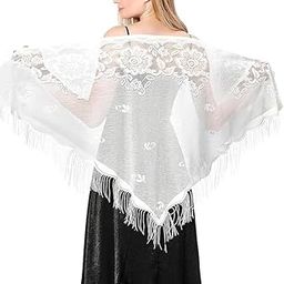 White Floral Design Triangle Lace Stole and Wraps for Evening Dresses with Tassels for Evening Party Mesh Wedding Shawls for Summer-image-7