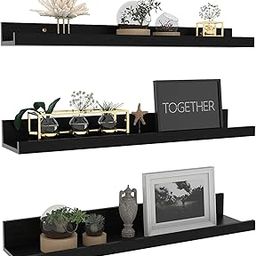WooDinzo Wooden Wall Shelves for Living Room, Bedroom | Wall Mounted Shelf | Wall Hanging Storage Unit | Wall Organiser Shelf (Ledge - Set of 3 - Black - 24 Inch)-2