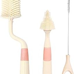 FunBlast Silicone Baby Bottle Cleaning Brush Set – 3-Piece Bottle, Nipple & Straw Cleaner with Soft Bristles, 360° Rotating Handle – Baby Feeding Accessories (Beige)-77