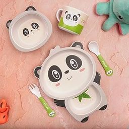 AZHARI COLLECTION Kids/Baby Feeding/Eating Dinner Set of 5 | Made of Bamboo Fibre | Kids Crockery Set Tableware | Baby Utensils and Dishes Set | Eco-Friendly | Organic & Natural (Playful Panda)-image-20