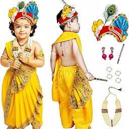 Sarvda Shree Krishna Dress for Baby Boy & Radha Dress for Girls | Janamashtami Dress | Fancy Dress Costume with Accessories Dhoti, Dupatta, Mukut Flute Complete set, Ethnic wear-image-62