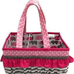 Bacati Elephants Girls Nursery Fabric Storage Caddy with Handles, Pink/Grey-image-36