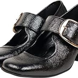 Women Black Mary Jane Block Heels | Stylish & Comfortable Shoes with Gold Buckle | Slip-On Dress Pumps for Office, Formal & Casual Wear-35