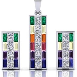 Rihi By P.C. Chandra Jewellers 925 Sterling Silver Multicolor Stone Studded Pendant With Earrings Set for Women and Girls (Without Chain)-image-39