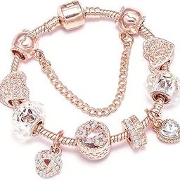 Rose Gold Plated Cubic Zirconia Studded Charm Bracelet Stylish Fashion Jewellery Gift for Girls & Women-10