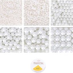 Ambitieux Pearl Beads Kit of 6 different sizes comes with elastic thread of 10 meter long and 0.7 cm Size, for Jewellery necklace bracelet making beads | girls birthday gift | DIY craft kit (Off White)-4