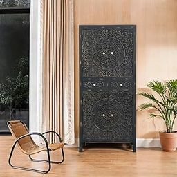 MYOON Stylish Solid Wood Hand-Carved Muti Storage Almirah | Mango Wood Wardrobe for Living Room, Bedroom | Lightweight & Portable | Wooden Furniture for Home | 39 X 80 X 180 Cm-image-65