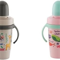 LD LUCIDO DECORE Bendy Hot & Cold Insulated Stainless Steel Double Walled 360ml BPA-Free Sippy Cup Anti-Spill Soft Silicone Spout Baby Sipper (Grey & Pink)-picture-11