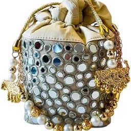 KRITI CRAFT-Designer Potli Handbag with Mirror Work, Pearl Beads and Gold Tassels, Beige and Silver-image-63