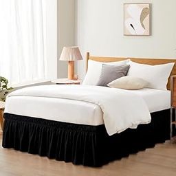 KASHILON Wrap Around Bed Skirts for King Bed (Bed Size: 72"x78") 12" Long Drop, Black Adjustable Elastic Dust Ruffles Easy Fit Wrinkle Resistant Silky Luxurious Fabric Machine Washable-23