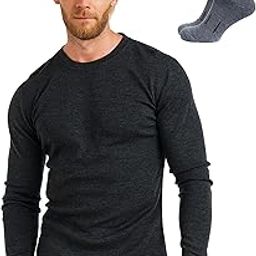 Merino Wool Base Layer - Mens 100% Merino Wool Long Sleeve Thermal Shirts Heavyweight, Midweight, Lite with Socks, Charcoal Grey, XX-Large-image-43