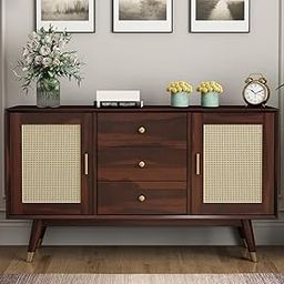 SHIKHA WOOD CRAFT Solid Sheesham Wood Sideboard Cabinet With 3 Drawers and 2 Rattan Cane Doors | Multipurpose Wooden Storage Organizer Furniture for Kitchen, Living Room, Bedroom, Home (Walnut Finish)-image-24