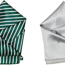 Set of 2 Satin Pocket Squares for Men – Green with White Stripes & Silver – Formal Suit Accessories-47