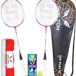 Skelton Aluminum Badminton Light Weight Racquet,Shuttle, Net | Pack of 6 | (Pink)-18