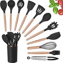 Kitchen Utensil Set, 11 Pieces with Holder, Black and Wooden Handle, Includes Spatula, Spoons, Whisk and Tongs-image-96