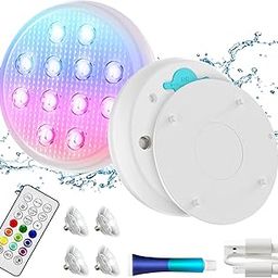 BOXPSII Pool Lights, Rechargeable Submersible LED Lights, IP68 Waterproof Underwater Lights, 16 Color Changing Floating Lights with Remote, Magnet, Suction Cups for Bathtubs, Pools (2 Pack)-0
