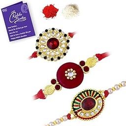 Sukkhi Gold Plated Rakhi Combo Set of 3 with Roli Chawal and Greeting Card-image-50