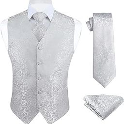 Men's Classic Paisley Floral Jacquard Waistcoat & Necktie and Pocket Square Vest Suit Set Gray/Silver-image-60