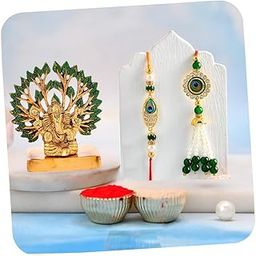 Rakhi Gift Combo - Designer Rakhi & Lumba Set with Ganesha Idol | Raksha Bandhan Rakhi for Brother & Bhabhi | Tillakk Set Included-image-78