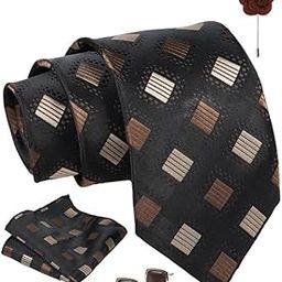 Tie for Men – Dotted Silk Neck Ties Set with Cufflinks Flower Pin, Pocket Square & Black Gift Box, Combo Necktie Sets for Office Wear, Formal Suits & Weddings (Brown, AX24_7)-image-11