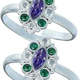 Oxidised Silver Plated Blue Green Stone Oval Toe Ring-image-93