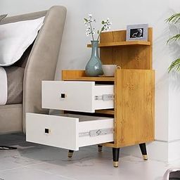 Bniture Bed Side Table for Bedroom, Bookcase Nightstand Side End Table for Bedroom, Bedside Table, Small Side Table, Side Table for Bedroom, with Metal Legs (Giant Wood & Frosty White)-27