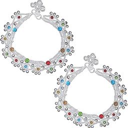 Missmister Silver plated Glittering colourful crystals, Big and broad, Ethnic Payal Pajeb Anklet Women wedding traditional bridal (MM6396AKRM)-image-37