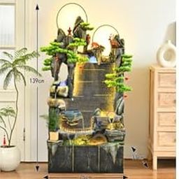 Royal Fountain Modern Tall Indoor Water Fountain with Dual Circle Lights, Deer Figurines, Cascading Waterfalls & LED Bonsai Tree Decor for Home, Office Or Feng Shui Settings-image-35