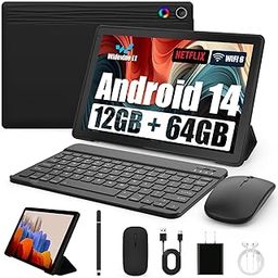 10.1 Inch Android 14 Tablet with 1280 x 800 IPS HD Touchscreen, Dual Camera, 64GB Memory TB Expansion, 2-in-1 Tablets with Keyboard, Protective Case, Mouse, Stylus, BT 5.0, WiFi 6-15