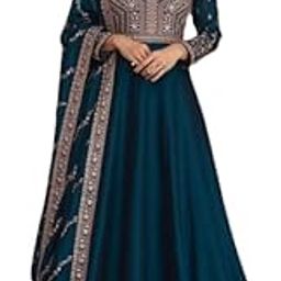 Forteo Fashion Hub Dark Blue Anarkali Gown With Duppata Set for Women, Chinnon Fabric - Designer Wedding and Festival Gown-picture-27