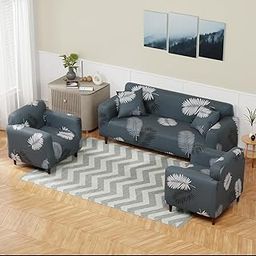 Lukzer 5 Seater Grey Leaves Universal Sofa Cover with 2 Pillow Cover | 140 GSM Stretch Fit Polyester & Spandex Slipcover | Fully Covered 3+1+1 Seater Anti-Slip & Washable Protector (SC-006-05)-image-11