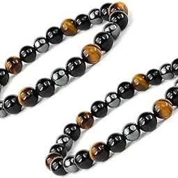 Set Of 2 Unisex Spiritual Casual Hematite, Tiger Eye, Black Obsidian 8mm Crystal Triple Beads Stone Wrist Hand Band Bracelet Ceramic For Protection Stress Relief, Positive Energy And Healing-image-93